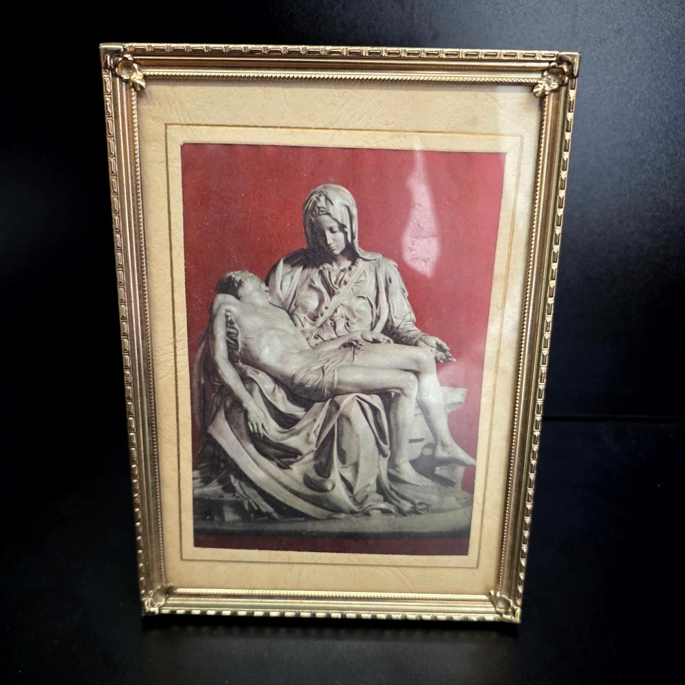 intage Framed Michelangelo Pietà Art Print in Ornate Gold-Tone Metal Frame Easle